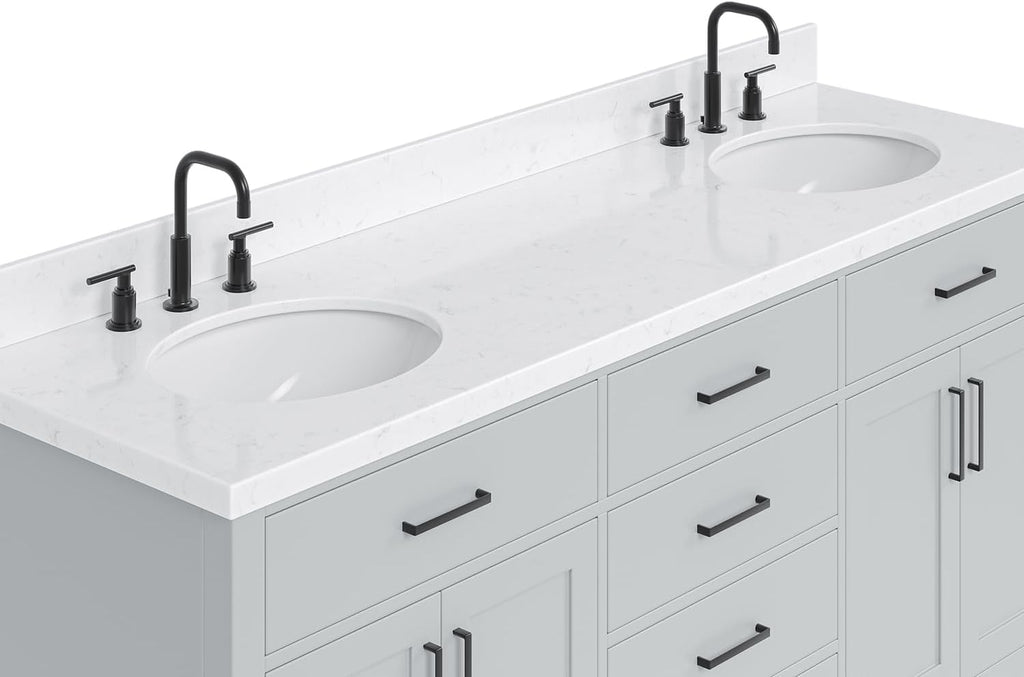 ARIEL Hepburn 72-inch Bathroom Vanity with Sink,Solid Wood, 1.5-inch Carrara White Quartz Countertop & Backsplash, Double Oval Porcelain Sink, 4 Soft Closing Doors, 6 Dovetail Drawers, Grey