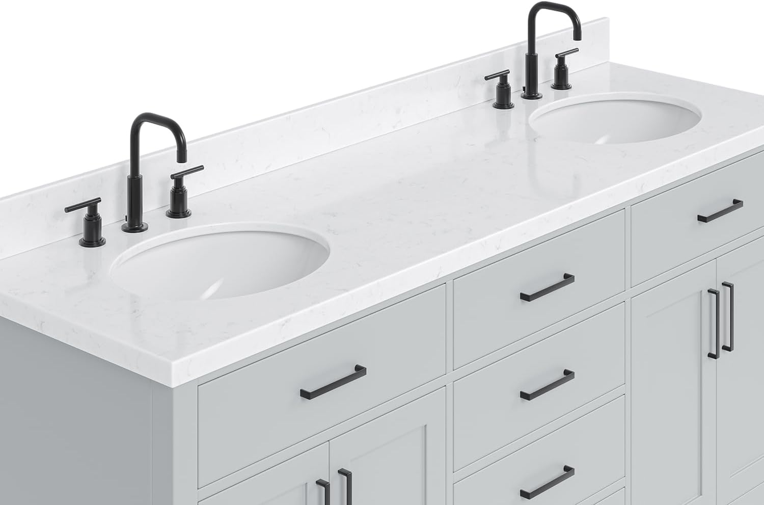 ARIEL Hepburn 72-inch Bathroom Vanity with Sink,Solid Wood, 1.5-inch Carrara White Quartz Countertop & Backsplash, Double Oval Porcelain Sink, 4 Soft Closing Doors, 6 Dovetail Drawers, Grey