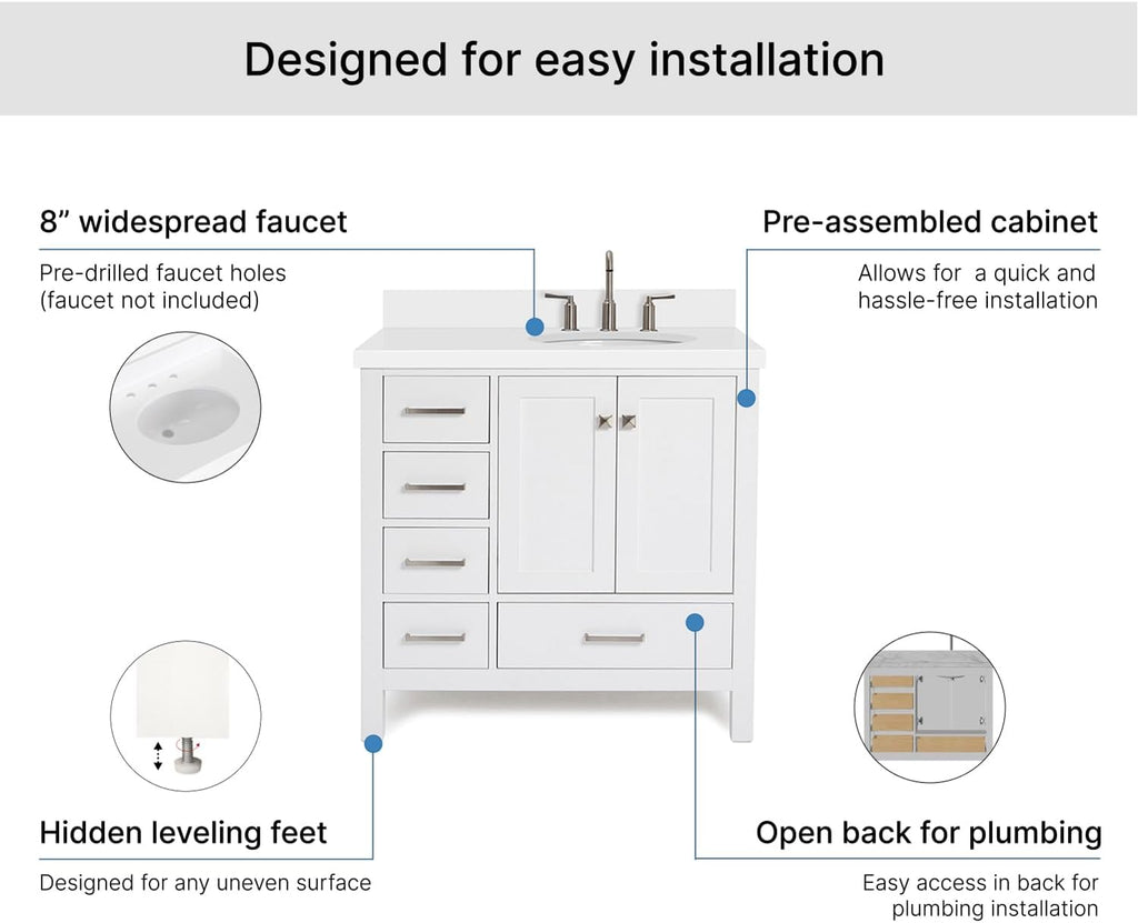 ARIEL Cambridge 36-inch Bathroom Vanity with Sink,Solid Wood, 1.5-inch Pure White Quartz Countertop & Backsplash, Single Oval Porcelain Sink, 2 Soft Closing Doors, 5 Dovetail Drawers, White