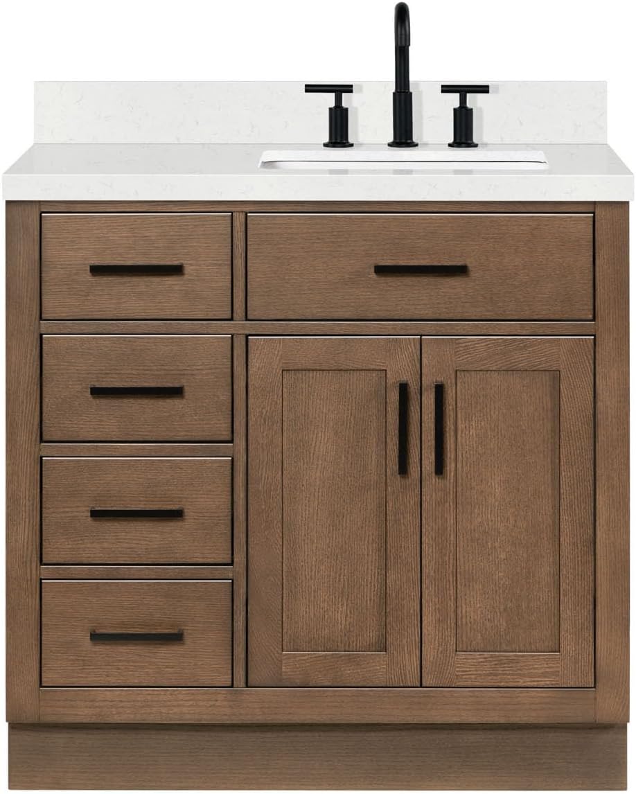 ARIEL Hepburn 36-inch Bathroom Vanity with Sink,Solid Wood, 1.5-inch Carrara White Quartz Countertop, Single Rectangular Porcelain Sink, 2 Soft Closing Doors, 5 Dovetail Drawers, Brown Oak