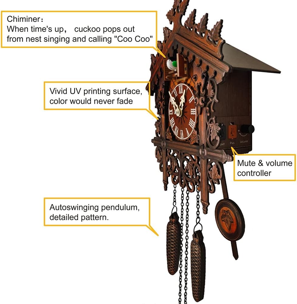 Retro Cuckoo Clocks, Cuckoo Clock with Night Mode, Hand Carved Bird, Weights and Swinging Pendulum,for Wall Art Home Living Room Kitchen Office Decor,Brown (Brown a)
