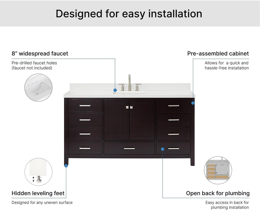 ARIEL Cambridge 66-inch Bathroom Vanity with Sink,Solid Wood, 1.5-inch Pure White Quartz Countertop, Single Rectangular Porcelain Sink, 2 Soft Closing Doors, 9 Dovetail Drawers, Espresso