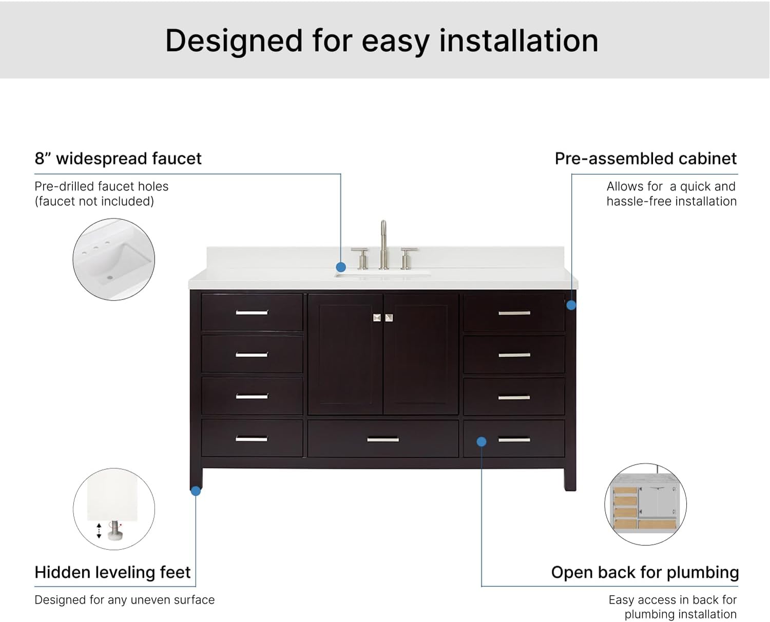 ARIEL Cambridge 66-inch Bathroom Vanity with Sink,Solid Wood, 1.5-inch Pure White Quartz Countertop, Single Rectangular Porcelain Sink, 2 Soft Closing Doors, 9 Dovetail Drawers, Espresso
