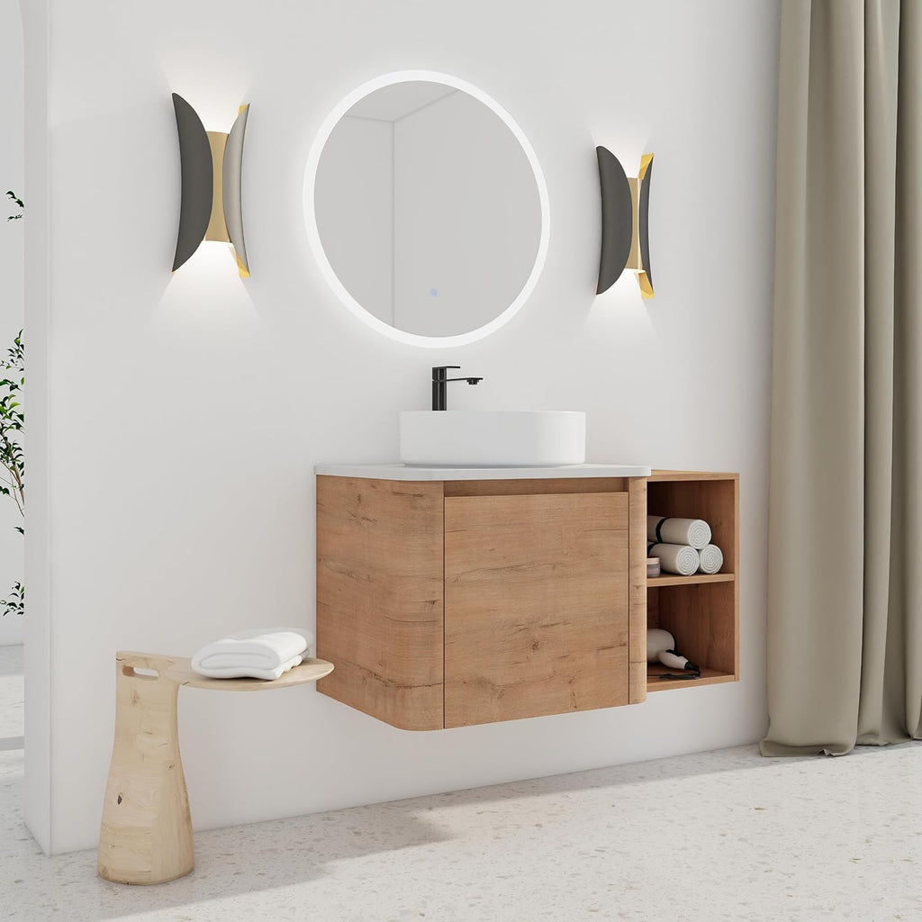 36 Inch Wall-Mounted Bathroom Vanity with Sink Combo Modern Floating Bathroom Vanitites with Round Ceramic Vessel Sink 36' Bathroom Sink Cabinet with Marble Counter Top & 1 Side Storage Shelf