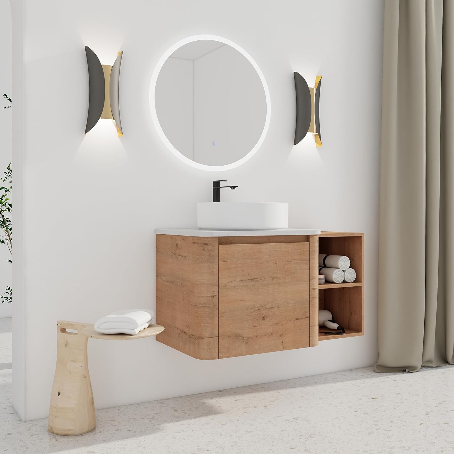 36 Inch Wall-Mounted Bathroom Vanity with Sink Combo Modern Floating Bathroom Vanitites with Round Ceramic Vessel Sink 36' Bathroom Sink Cabinet with Marble Counter Top & 1 Side Storage Shelf