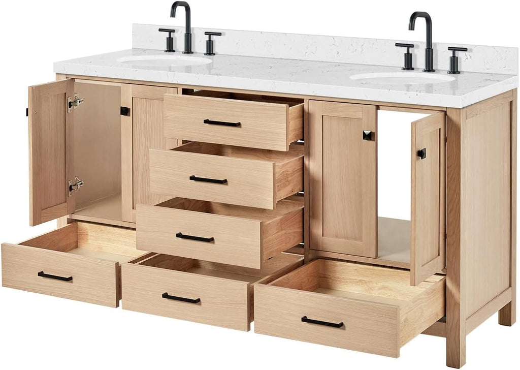ARIEL Cambridge 66-inch Bathroom Vanity with Sink,Solid Wood, 1.5-inch Carrara White Quartz Countertop & Backsplash, Double Oval Porcelain Sink, 4 Soft Closing Doors, 6 Dovetail Drawers, White Oak