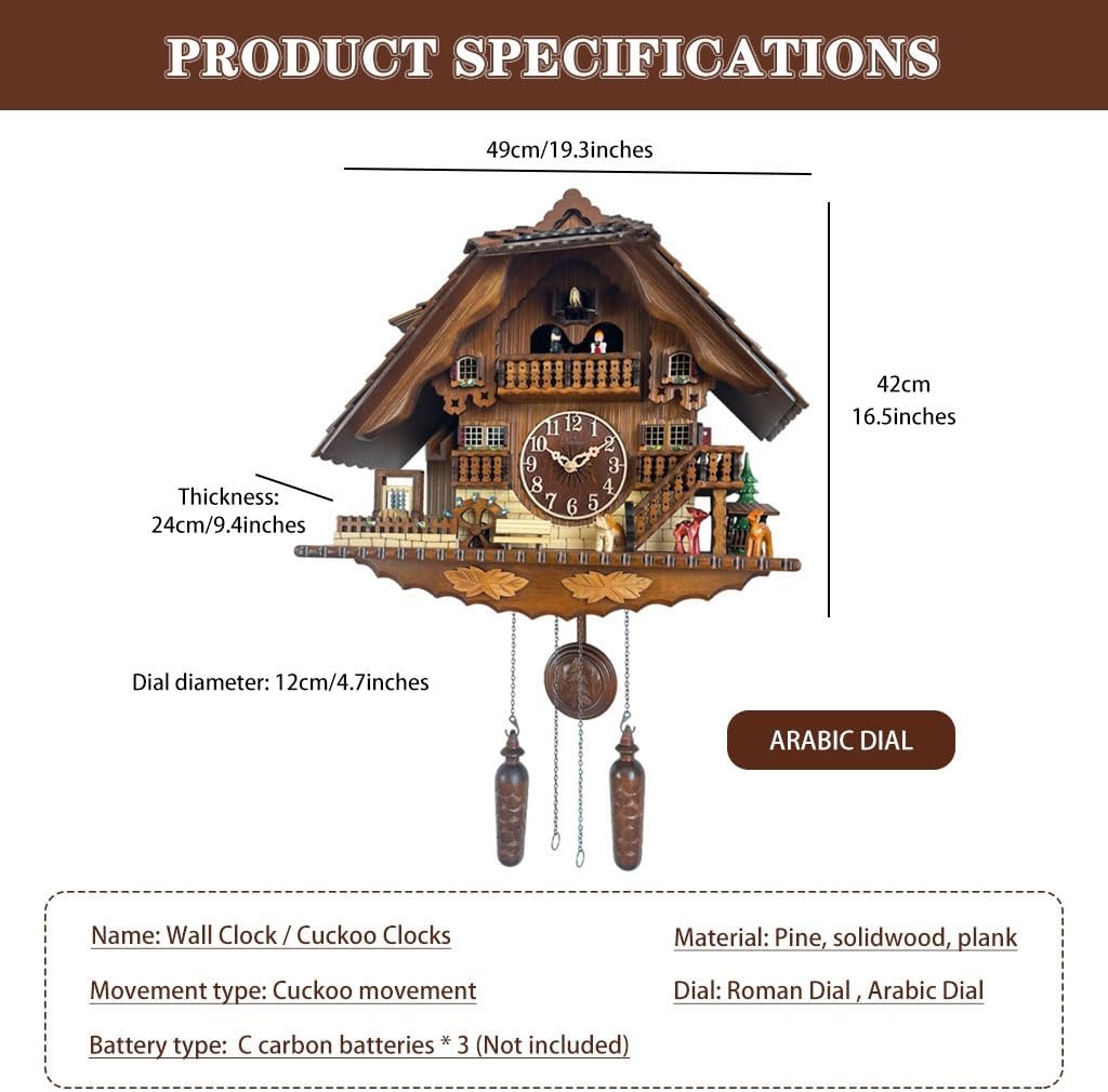 Cuckoo Clocks Exquisite Hand-Carved Cuckoo Clock, Living Room Wall Clock with Pendulum, Quartz Movement Wooden Wall Clock, Roman Dial/Arabic Dial (Color : Brown, Size : Arabic Dial)