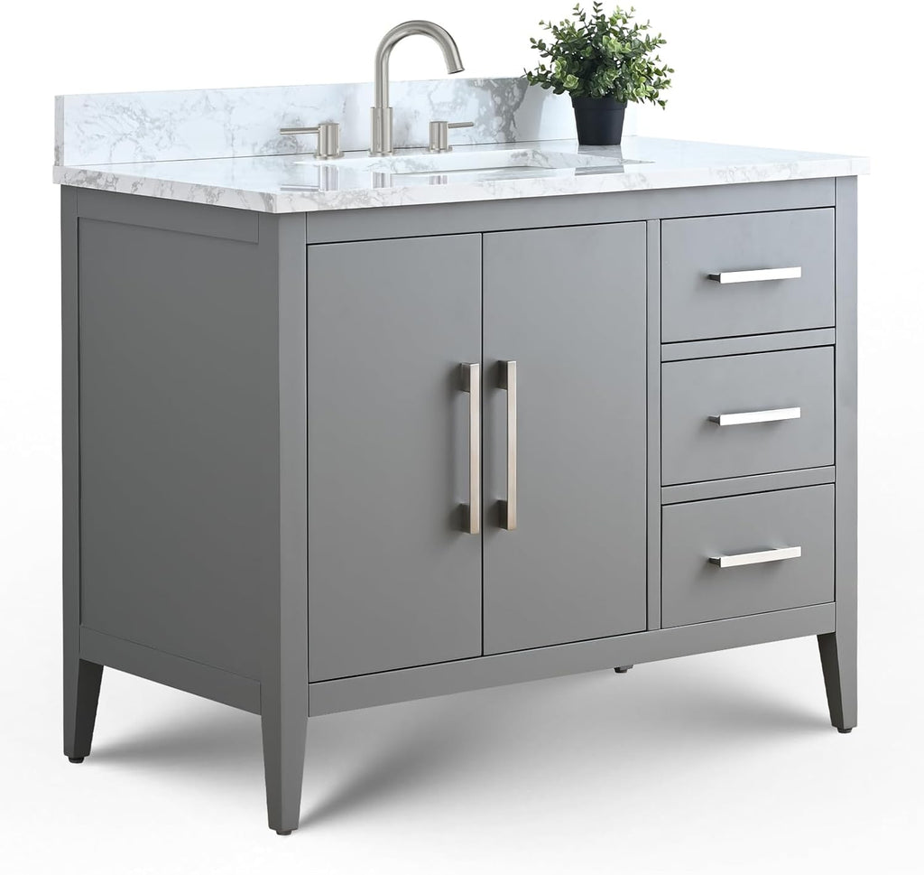 Vanity Art 42 inch Bathroom Vanity with Single Sink & Ceramic Top, Vanity Cabinet with Soft-Closing Doors, Drawers, Solid Wood Frame, Cashmere Gray, Brushed Nickle Handware