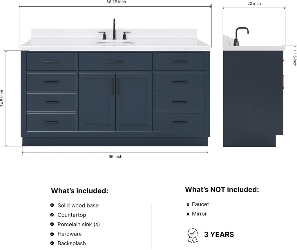 ARIEL Hepburn 66-inch Bathroom Vanity with Sink,Solid Wood, 1.5-inch Carrara White Quartz Countertop, Single Oval Porcelain Sink, 2 Soft Closing Doors, 9 Dovetail Drawers, Midnight Blue