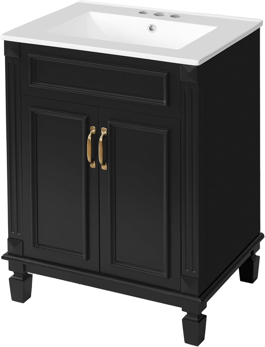 24 Inch Black Bathroom Vanity with Sink,Modern Bathroom Vanity with Intergrated Countertop & 2 Tier Storage Cabinet,Soft-Closing Doors with Gold Handles,Adjustable Shelf,Solid Wood Frame