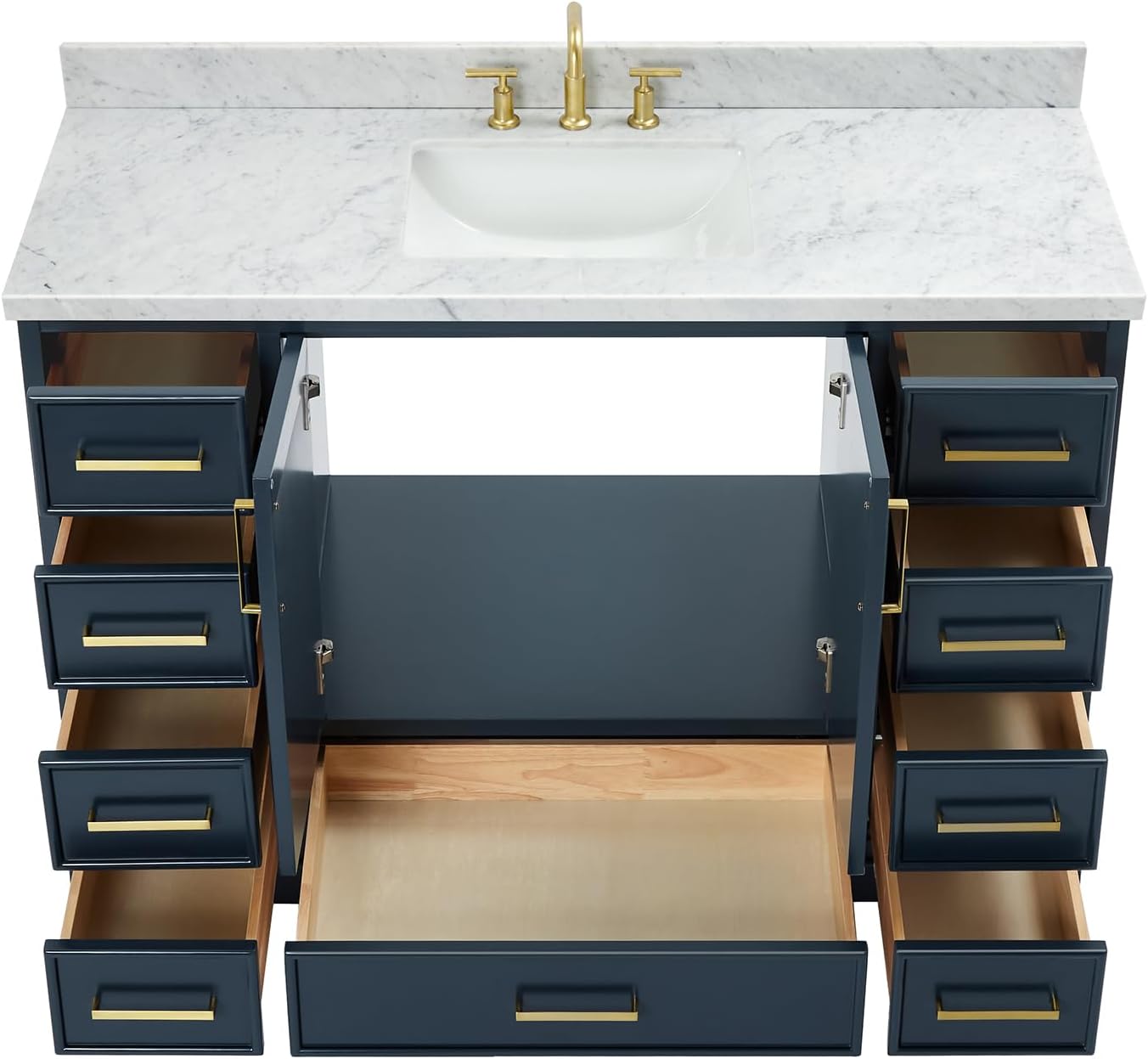 ARIEL Stafford 48-inch Bathroom Vanity with Sink,Solid Wood, 1.5-inch Italian Carrara Marble Countertop, Single Rectangular Porcelain Sink, 2 Soft Closing Doors, 9 Dovetail Drawers, Midnight Blue