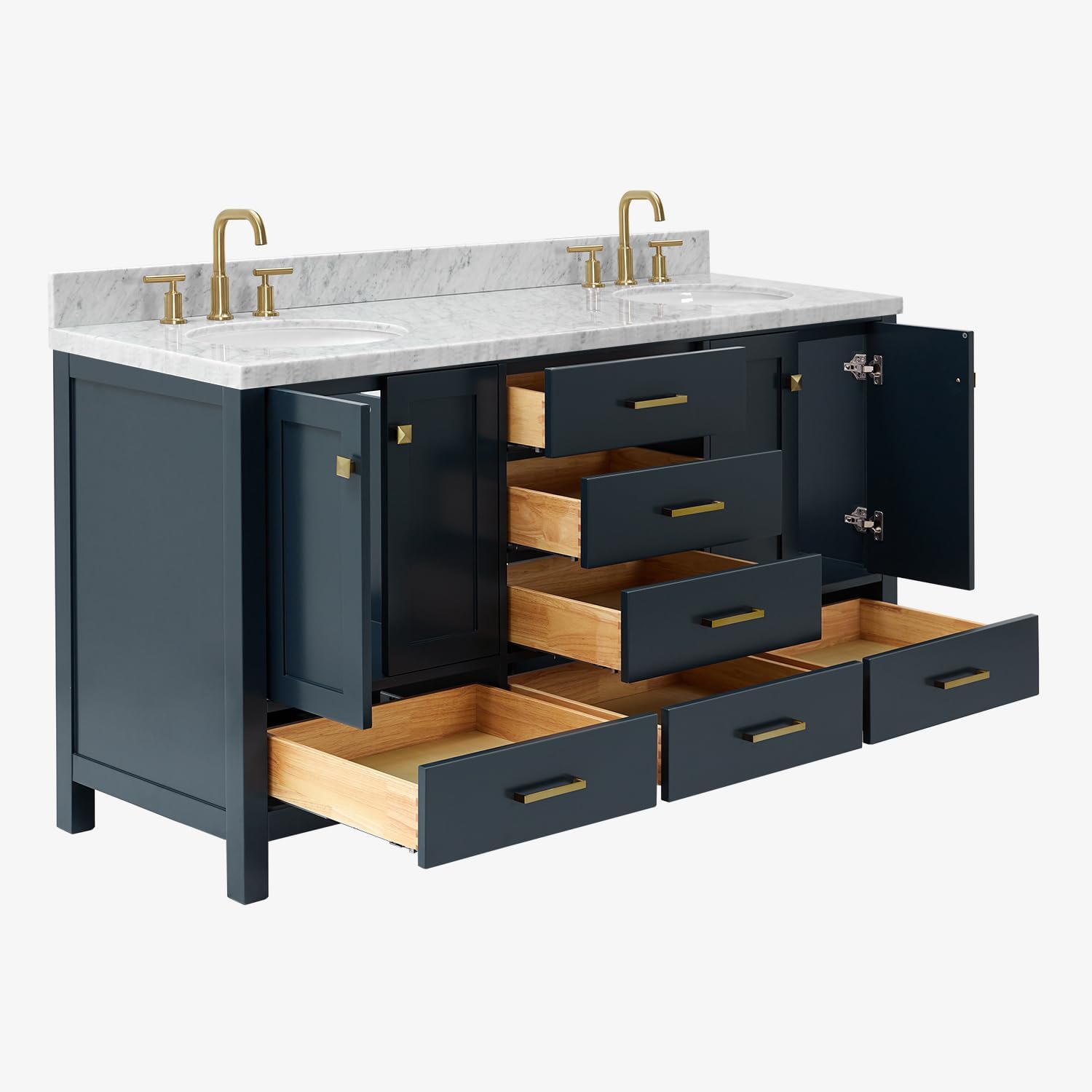 DKB Beckford 66' Midnight Blue Double Bathroom Vanity, 1.5' Edge Italian Carrara Marble Countertop, 2 Oval Undermount Sinks, 4 Soft Closing Doors, 6 Dovetail Drawers
