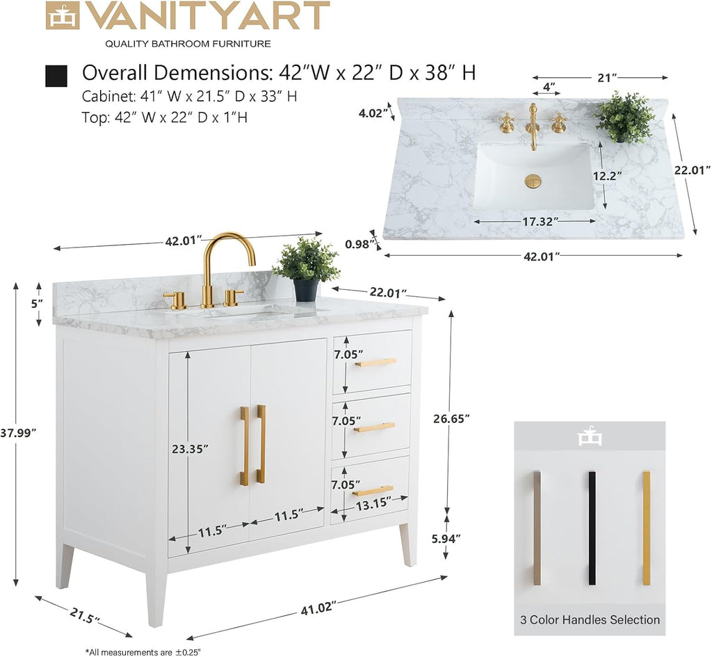 Vanity Art 42 inch Bathroom Vanity with Single Sink & Ceramic Top, Vanity Cabinet with Soft-Closing Doors, Drawers, Solid Wood Frame, White, Brushed Nickle Handware