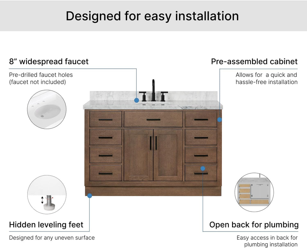 ARIEL Hepburn 54-inch Bathroom Vanity with Sink,Solid Wood, 1.5-inch Italian Carrara Marble Countertop & Backsplash, Single Oval Porcelain Sink, 2 Soft Closing Doors, 9 Dovetail Drawers, Brown Oak