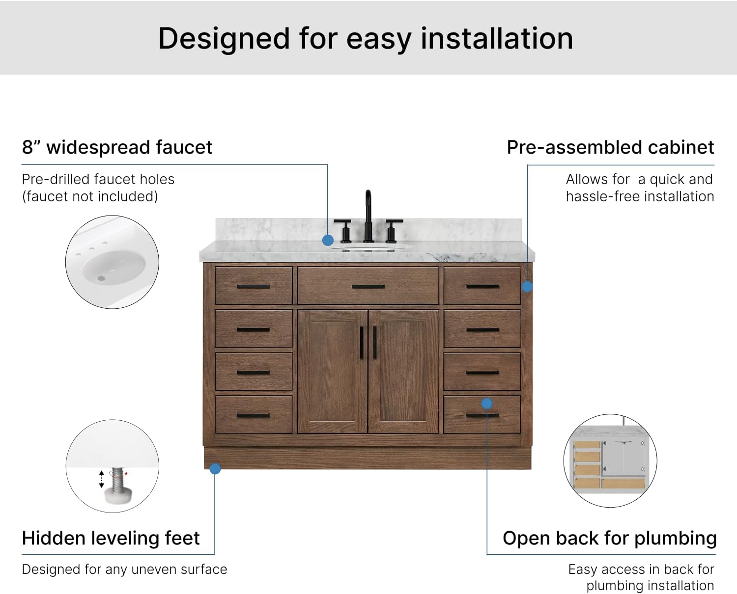 ARIEL Hepburn 54-inch Bathroom Vanity with Sink,Solid Wood, 1.5-inch Italian Carrara Marble Countertop & Backsplash, Single Oval Porcelain Sink, 2 Soft Closing Doors, 9 Dovetail Drawers, Brown Oak