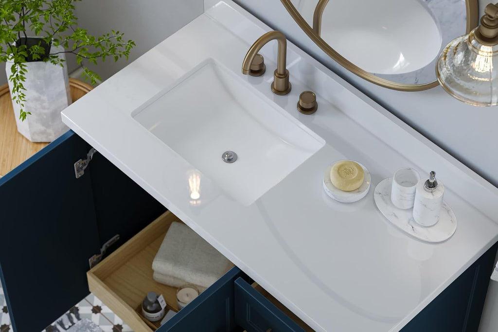 ARIEL Taylor 42 Inch Blue Bathroom Vanity with Sink, Solid Wood Bathroom Vanity Base Cabinet, Carrara White Quartz Countertop 1.5-Inch Edge, Right Rectangular Sink, 2 Soft Closing Doors, 5 Drawers