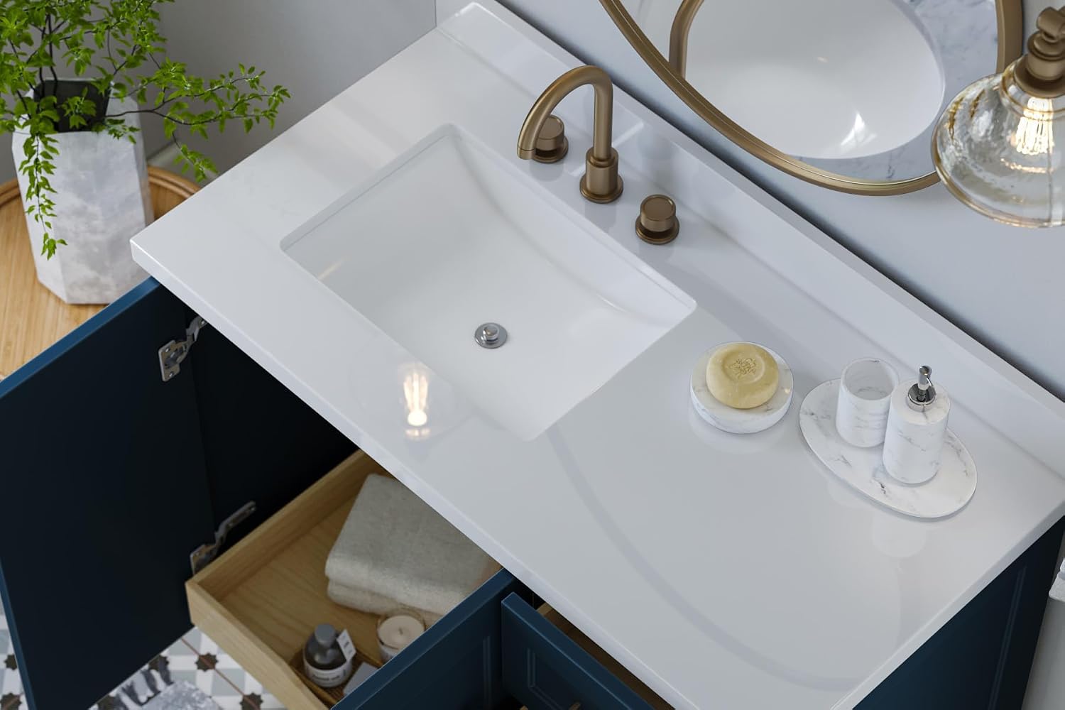 ARIEL Taylor 42 Inch Blue Bathroom Vanity with Sink, Solid Wood Bathroom Vanity Base Cabinet, Carrara White Quartz Countertop 1.5-Inch Edge, Right Rectangular Sink, 2 Soft Closing Doors, 5 Drawers