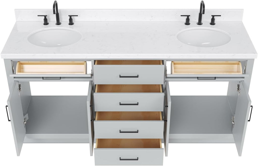 ARIEL Hepburn 72-inch Bathroom Vanity with Sink,Solid Wood, 1.5-inch Carrara White Quartz Countertop & Backsplash, Double Oval Porcelain Sink, 4 Soft Closing Doors, 6 Dovetail Drawers, Grey