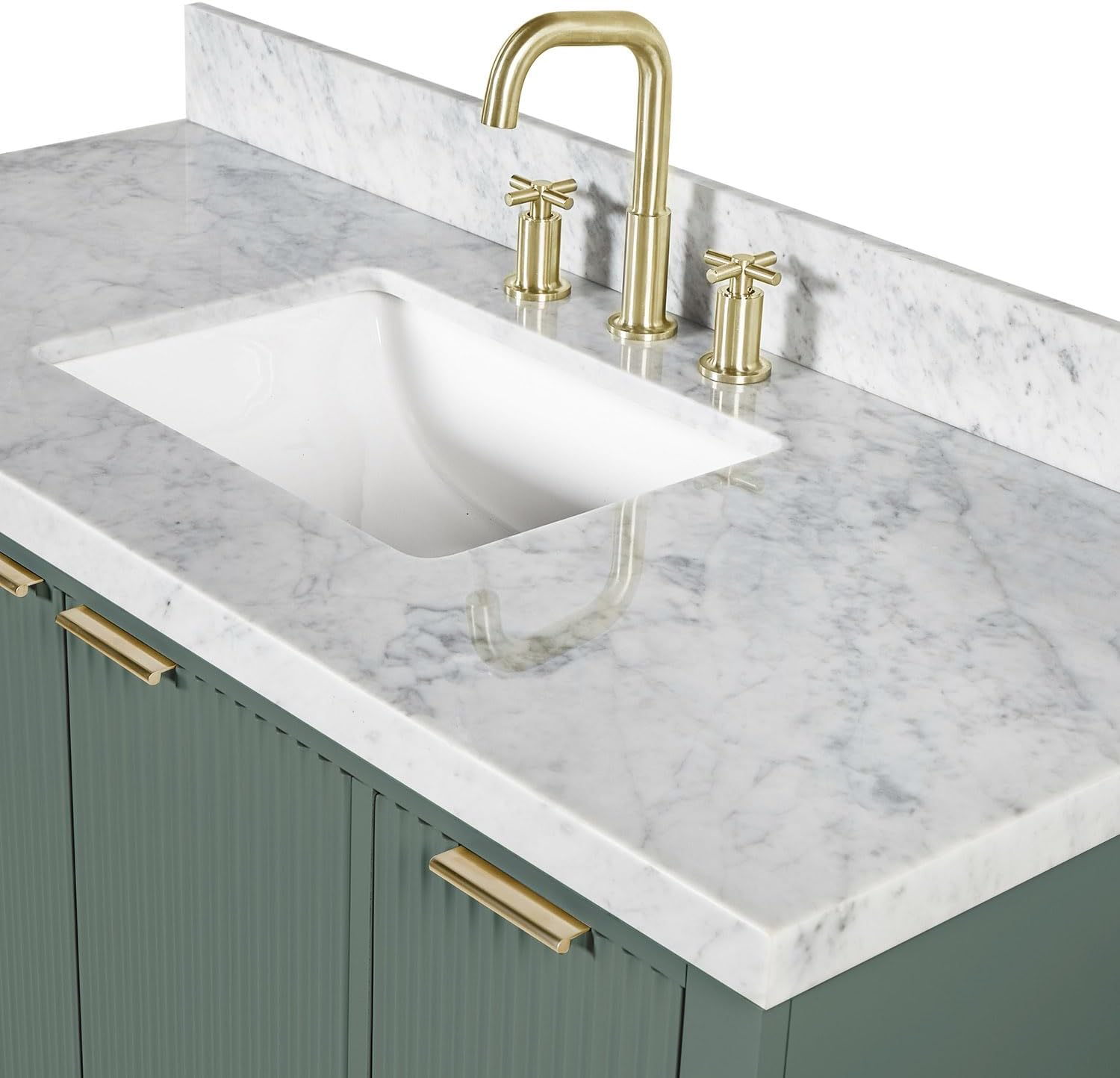 ARIEL Milan 48-inch Bathroom Vanity with Sink,Solid Wood, 1.5-inch Italian Carrara Marble Countertop, Single Rectangular Porcelain Sink, Soft Closing Doors, Dovetail Drawers, Vintage Green