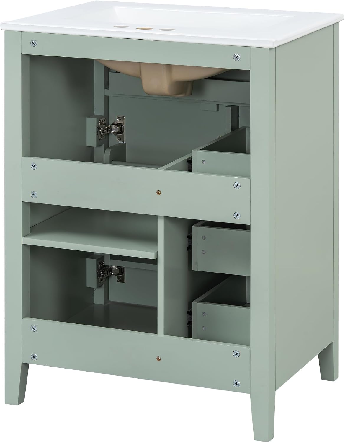 Harper & Bright Designs 24' Bathroom Vanity with Sink, Free Standing Vanity Set with 4 Drawers, Storage Racks, and Adjustable Shelf, Wood Bathroom Cabinet with Ceramic Basin for Bathroom, Green