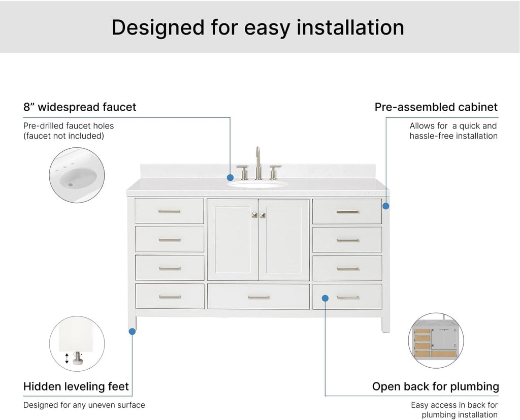 ARIEL Cambridge 66-inch Bathroom Vanity with Sink,Solid Wood, 1.5-inch Carrara White Quartz Countertop & Backsplash, Single Oval Porcelain Sink, 2 Soft Closing Doors, 9 Dovetail Drawers, White