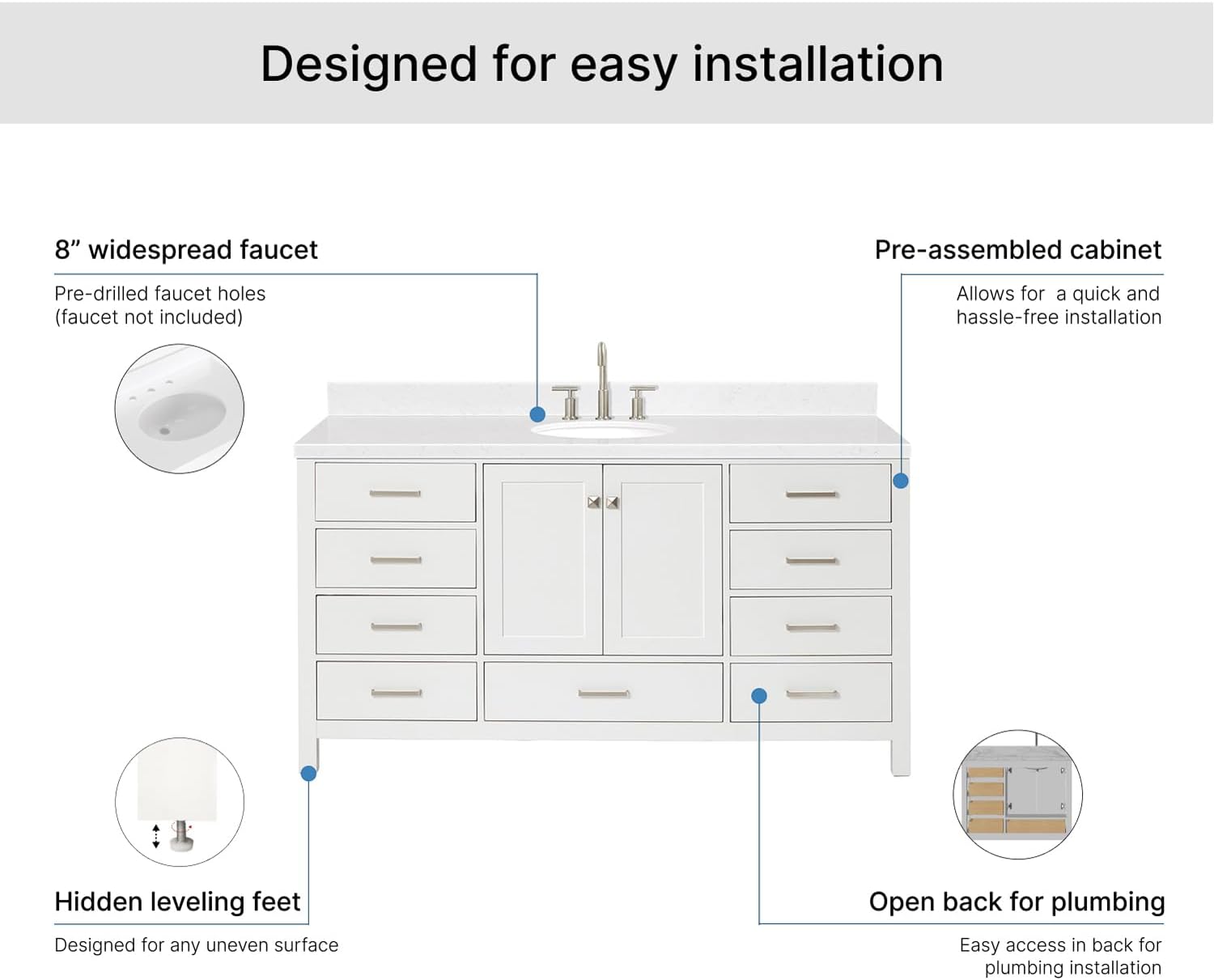 ARIEL Cambridge 66-inch Bathroom Vanity with Sink,Solid Wood, 1.5-inch Carrara White Quartz Countertop & Backsplash, Single Oval Porcelain Sink, 2 Soft Closing Doors, 9 Dovetail Drawers, White