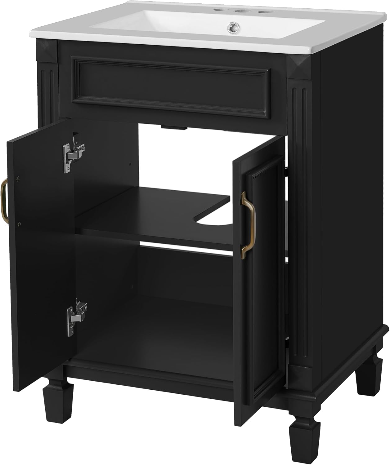 24 Inch Black Bathroom Vanity with Sink,Modern Bathroom Vanity with Intergrated Countertop & 2 Tier Storage Cabinet,Soft-Closing Doors with Gold Handles,Adjustable Shelf,Solid Wood Frame