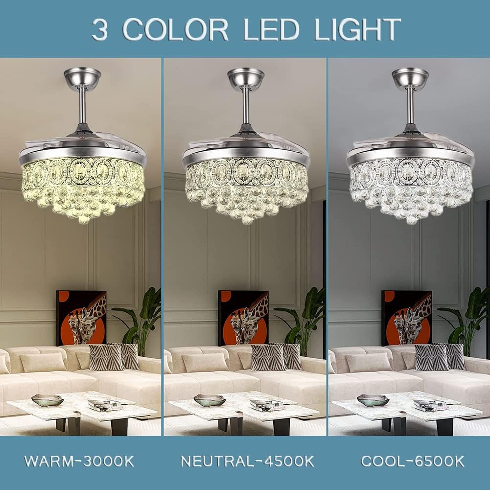 BIGBANBAN 42' Crystal Ceiling Fan Indoor with Light Remote Control Modern Silver Retractable Ceiling Fan Chandelier 3 Colors 3 Speeds Silent Fandelier Chandelier for Dinning Room Bedroom