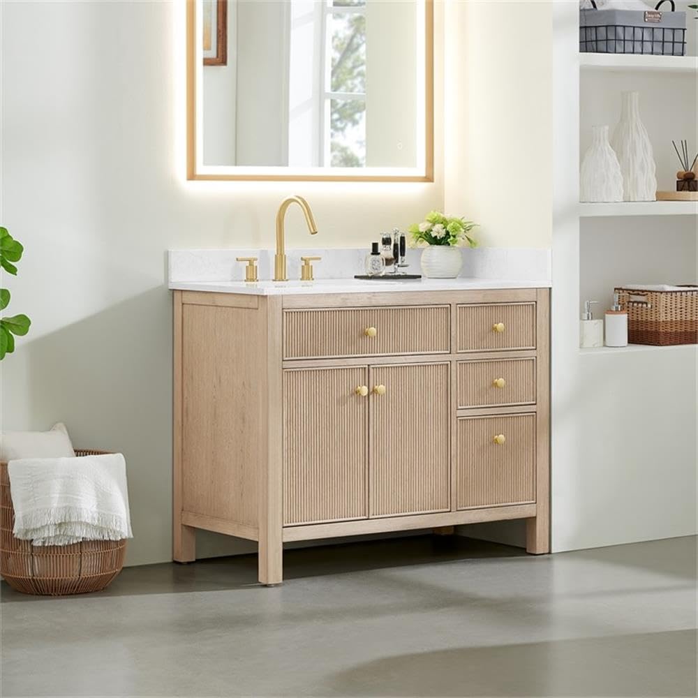 Pemberly Row 42' Wood Bathroom Vanity, Natural Oak Finish, Stone Top, Fluted 2-Door Design, 4 Drawers, Ceramic Sink, Pre-Drilled Faucet Holes, Contemporary Style, Storage for Bathroom Essentials