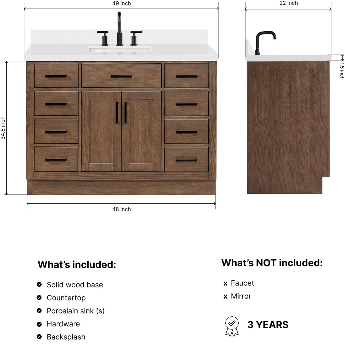 ARIEL Hepburn 48-inch Bathroom Vanity with Sink,Solid Wood, 1.5-inch Pure White Quartz Countertop, Single Rectangular Porcelain Sink, 2 Soft Closing Doors, 9 Dovetail Drawers, Brown Oak