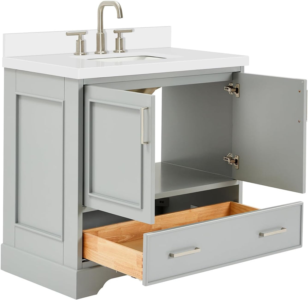 ARIEL Stafford 36-inch Bathroom Vanity with Sink,Solid Wood, 1.5-inch Pure White Quartz Countertop, Single Rectangular Porcelain Sink, Soft Closing Doors, Dovetail Drawers, Grey