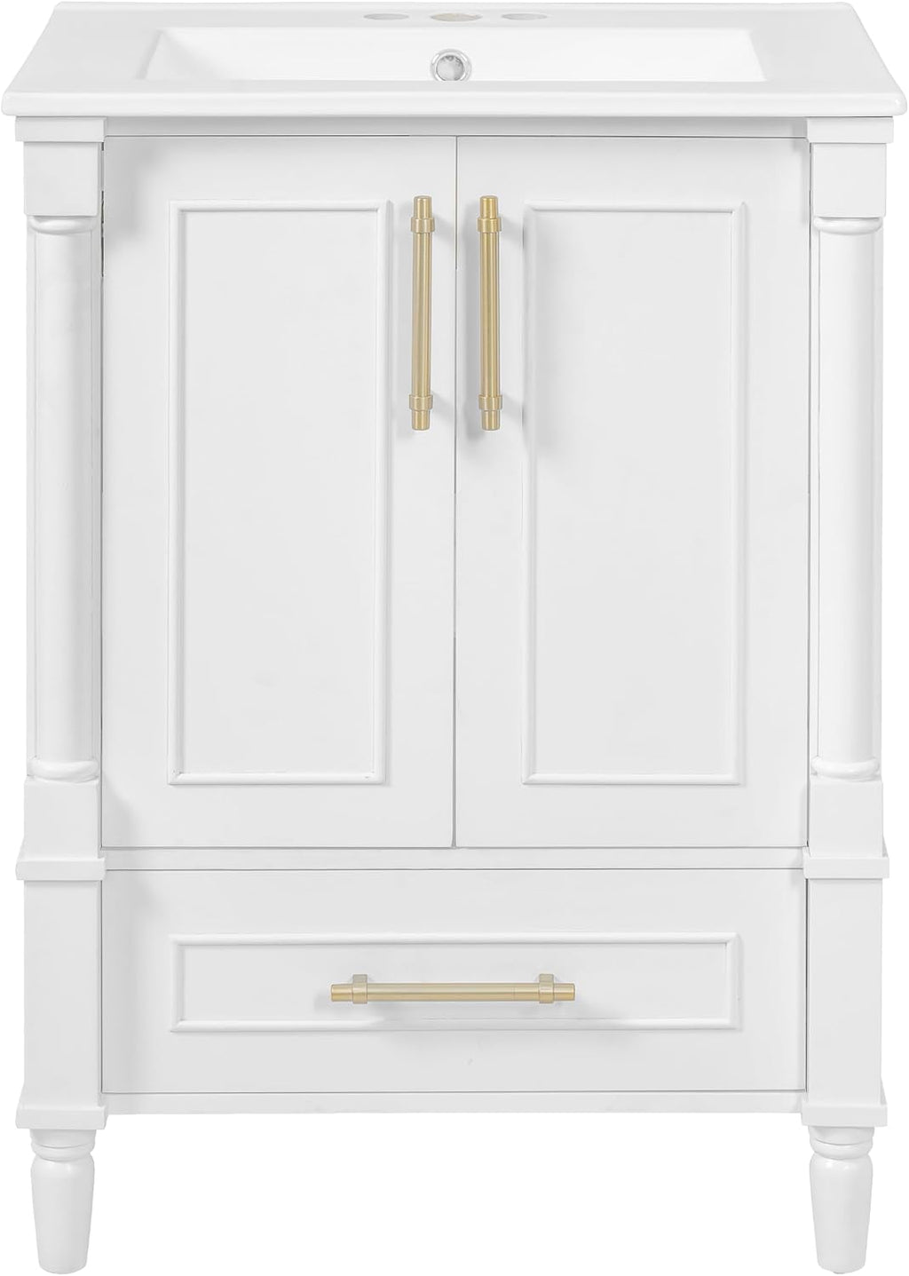 VilroCaz 24' Modern Bathroom Vanity with Ceramic Sink, Ornate Motif Design Doors & Soft-Close Hinges, Wood Bathroom Cabinet with Drawer, Ornately Carved French Cylinder Legs (White-4.23)