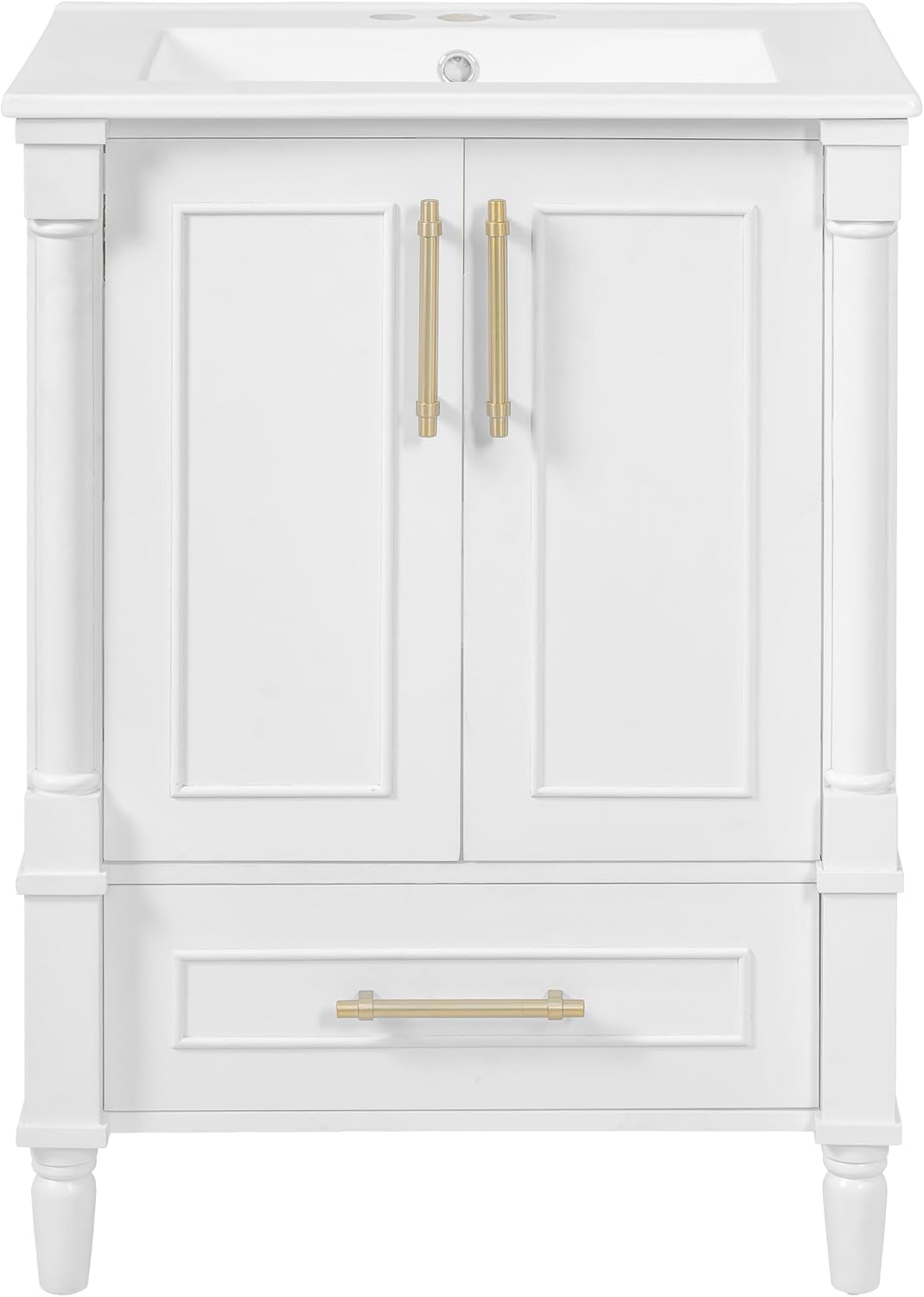 VilroCaz 24' Modern Bathroom Vanity with Ceramic Sink, Ornate Motif Design Doors & Soft-Close Hinges, Wood Bathroom Cabinet with Drawer, Ornately Carved French Cylinder Legs (White-4.23)