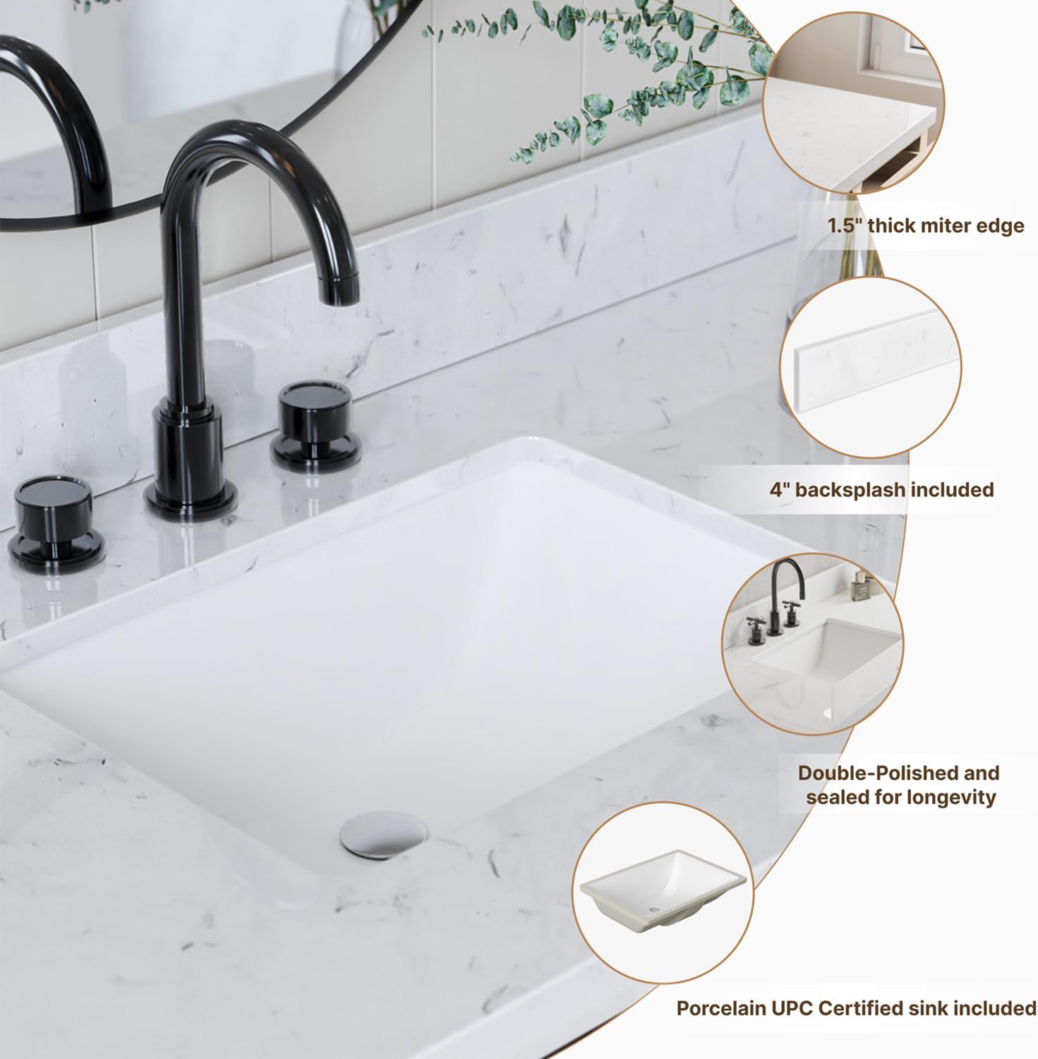 DKB Beckford 42' Espresso Single Bathroom Vanity with Sink, Solid Wood Frame, 1.5' Carrara White Quartz Countertop, Rectangular Undermount Sink, 2 Soft Closing Doors, 5 Dovetail Drawers