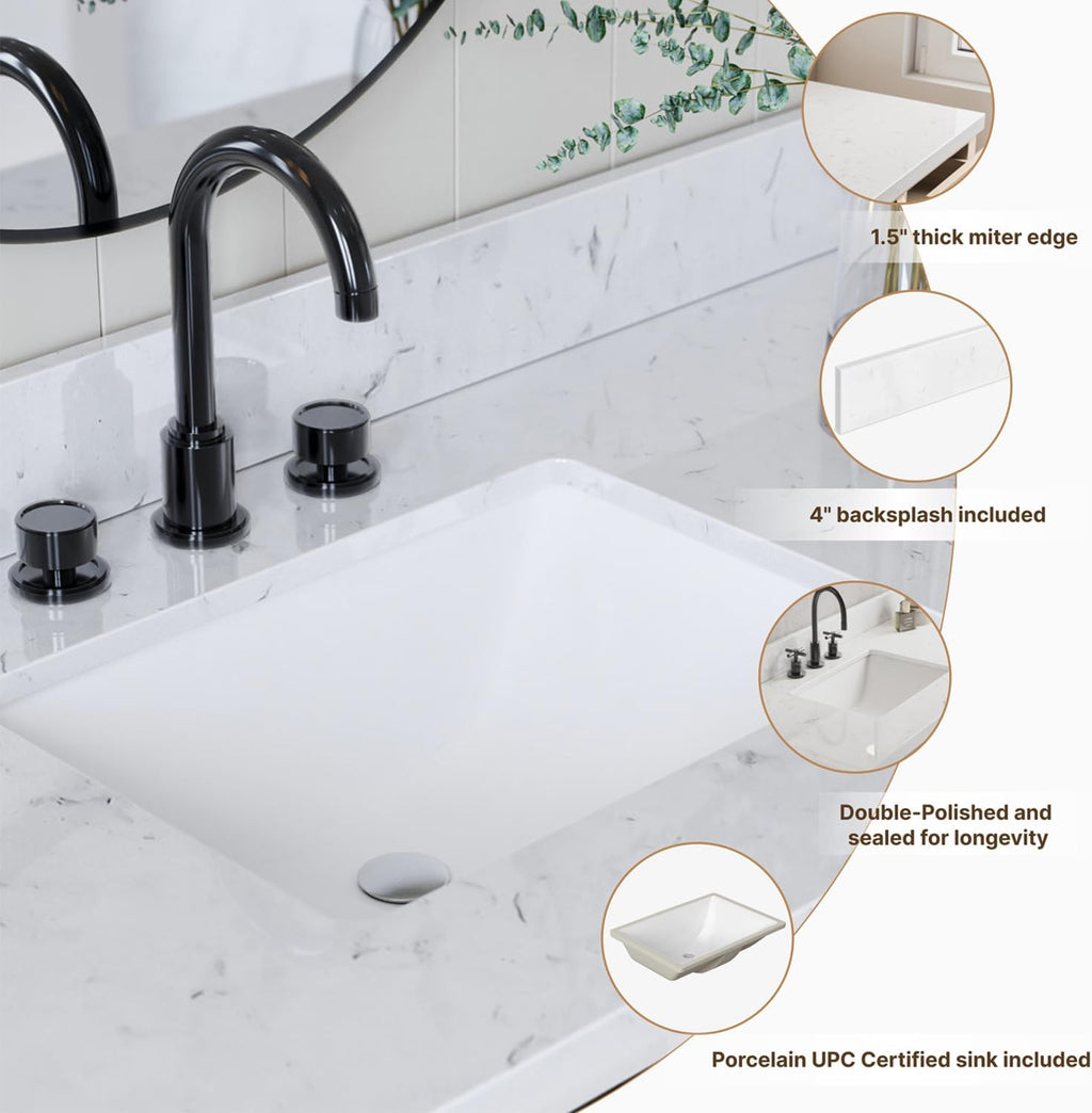 DKB Bradford 42-Inch White Single Bathroom Vanity with 1.5-Inch Carrara Quartz Countertop, Right Rectangular Sink, Solid Wood Frame, 2 Soft-Closing Doors, 2 Full Extension Dovetail Drawers, Toe Kick