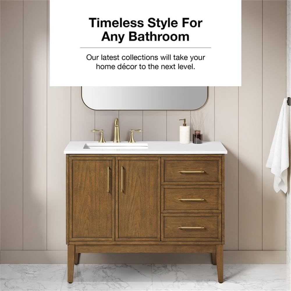 Pemberly Row 42' Bathroom Vanity, Warm Walnut Finish, Solid Wood Frame, White Engineered Stone Countertop, Offset Sink with Storage, Modern Style for Small Bathroom or Powder Room