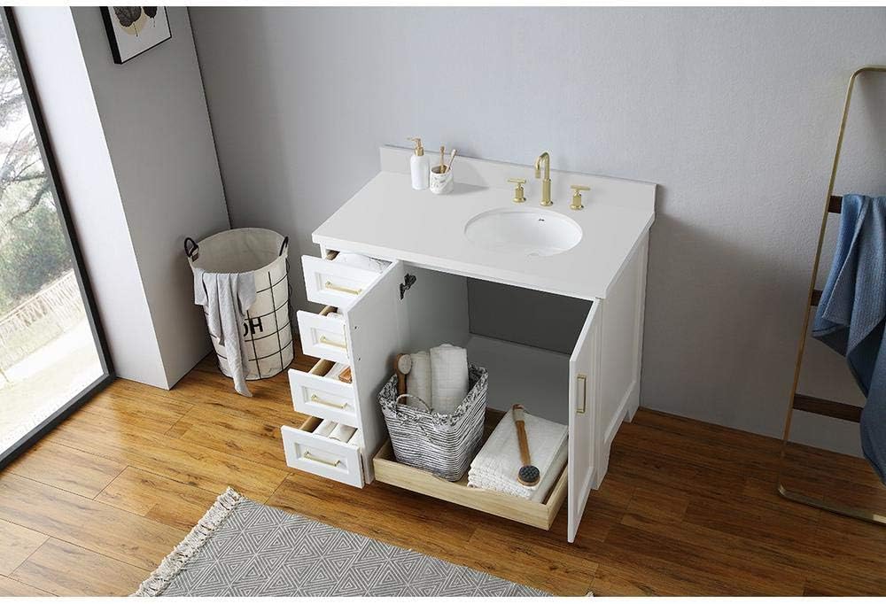 ARIEL Taylor 42-inch Bathroom Vanity with Sink,Solid Wood, 1.5-inch Pure White Quartz Countertop & Backsplash, Single Oval Porcelain Sink, 2 Soft Closing Doors, 5 Dovetail Drawers, White