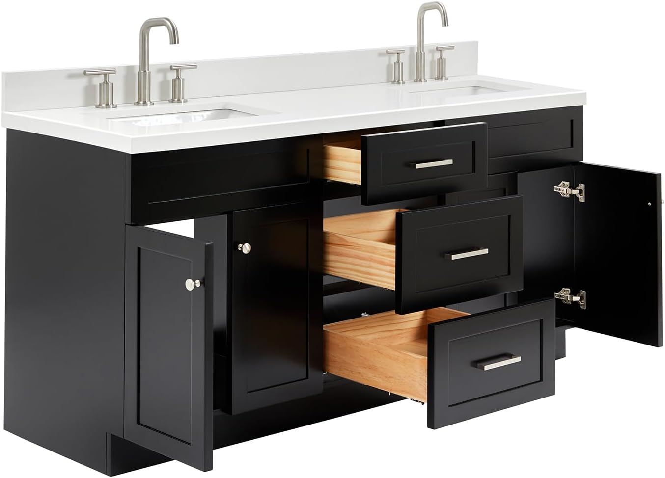 DKB Bradford 72 Inch Bathroom Vanity Double Sink — Black Bathroom Vanity with Sink, 1.5' Edge Pure White Quartz Countertop & Backsplash, 4 Soft-Close Doors, and 3 Dovetail Drawers