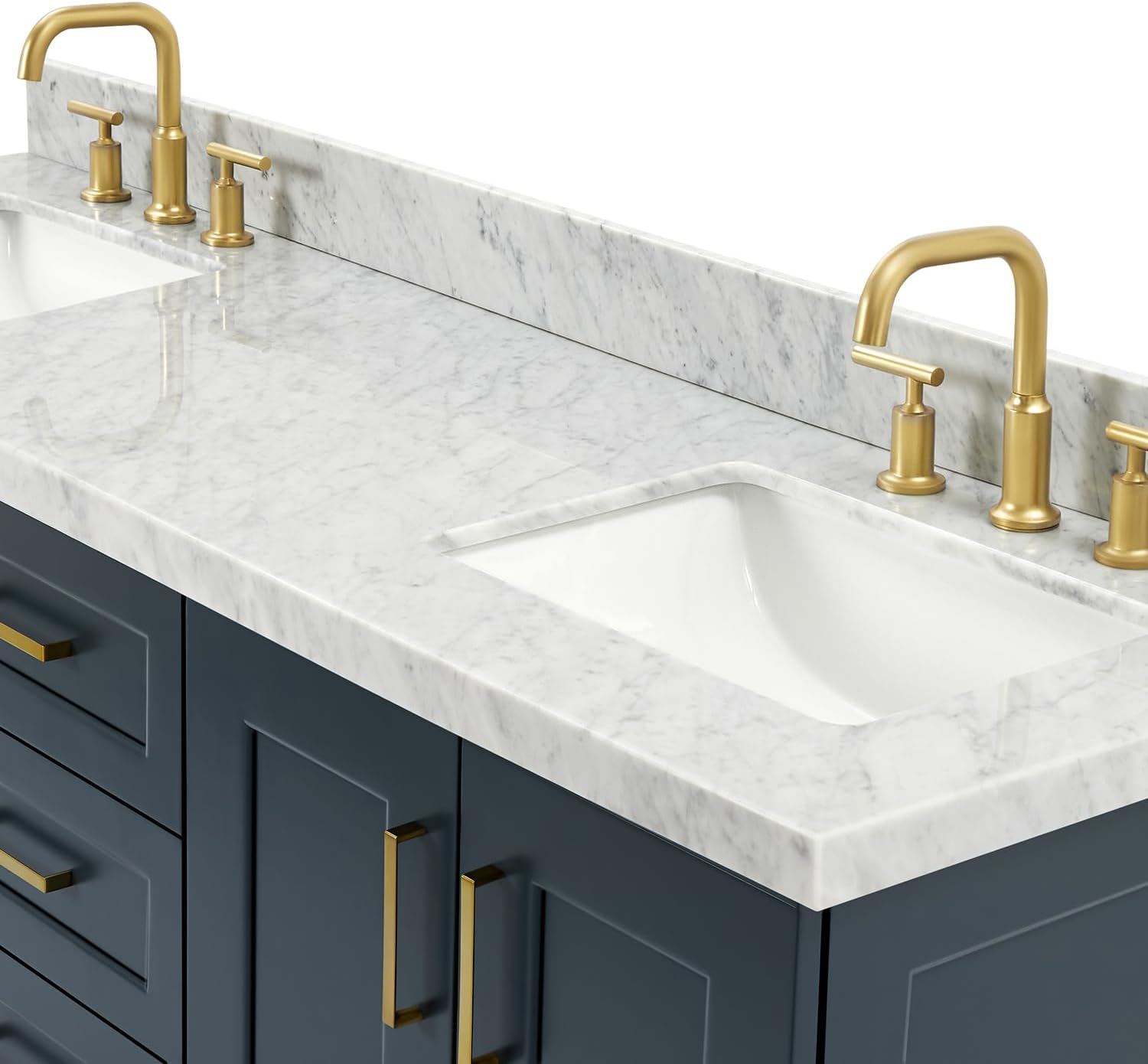 ARIEL Taylor 66-inch Bathroom Vanity with Sink,Solid Wood, 1.5-inch Italian Carrara Marble Countertop, Double Rectangular Porcelain Sink, 4 Soft Closing Doors, 5 Dovetail Drawers, Midnight Blue