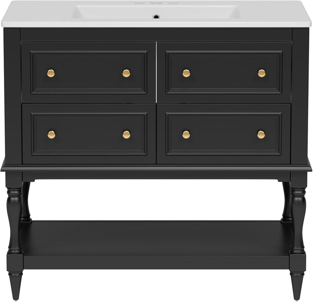 Merax Country 36' Bathroom Vanity with Sink, Farmhouse Bathroom Vanity Storage Cabinet with 4 Drawers and Open Shelf, Solid Wood Frame Bath Storage Vanity