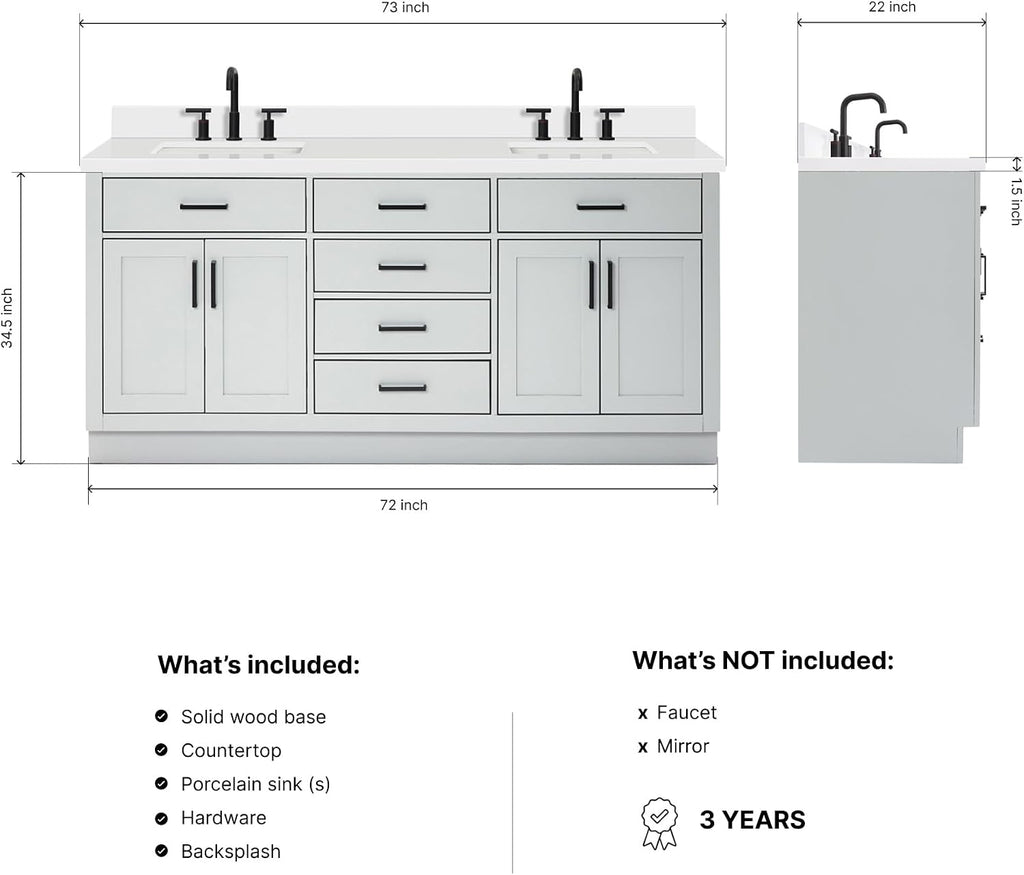 DKB Isabella 72 Inch Bathroom Vanity Double Sink — Grey Bathroom Vanity with Sink, 1.5' Edge Pure White Quartz Countertop, 4 Soft-Close Doors, 4 Dovetail Drawers, and 2 Tilt Drawers
