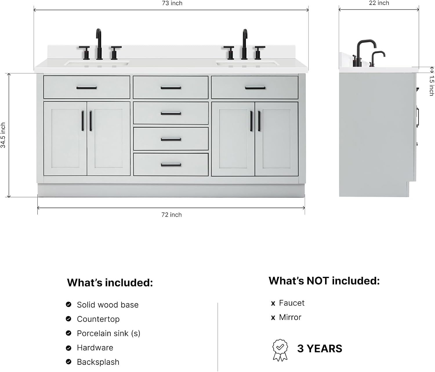 DKB Isabella 72 Inch Bathroom Vanity Double Sink — Grey Bathroom Vanity with Sink, 1.5' Edge Pure White Quartz Countertop, 4 Soft-Close Doors, 4 Dovetail Drawers, and 2 Tilt Drawers