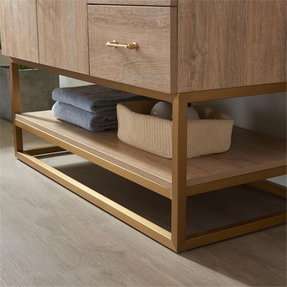 Pemberly Row 42' White Grain Stone Top Bathroom Vanity, Oak Finish, Solid Wood Construction, Ceramic Sink with Overflow, Brushed Gold Hardware, Soft-Closing Doors and Drawers, Contemporary Style