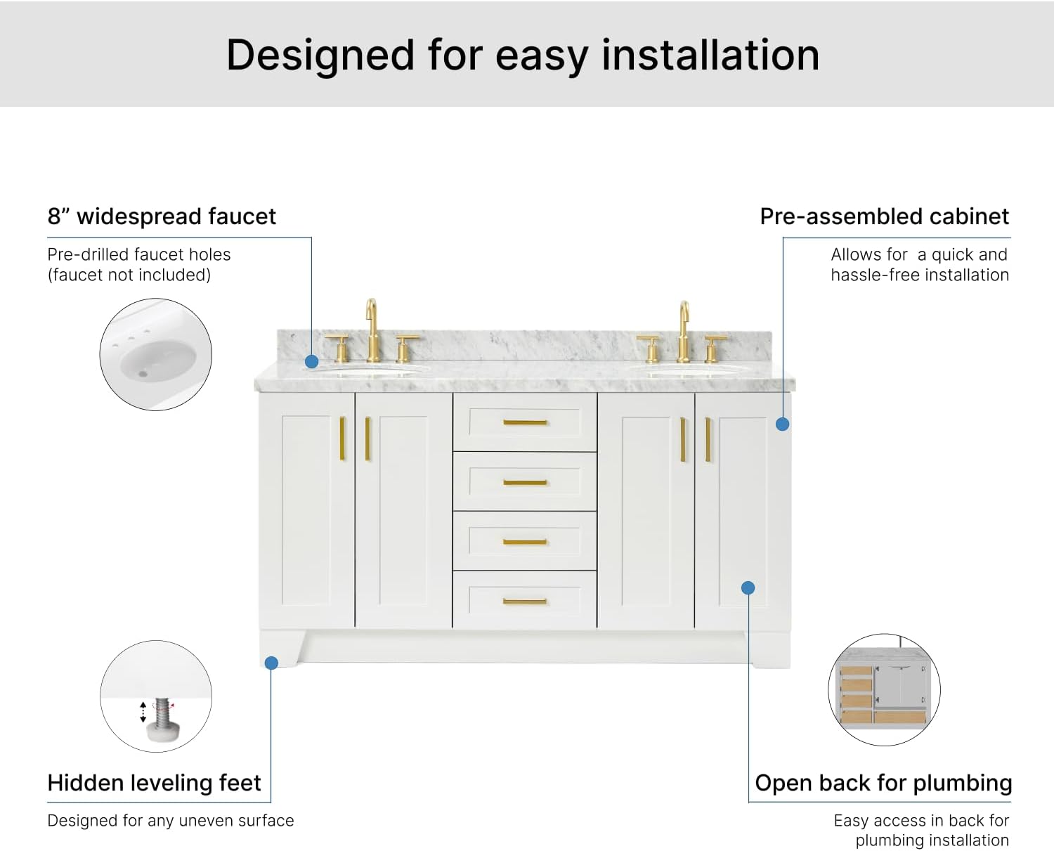 ARIEL Taylor 66-inch Bathroom Vanity with Sink,Solid Wood, 1.5-inch Italian Carrara Marble Countertop & Backsplash, Double Oval Porcelain Sink, 4 Soft Closing Doors, 5 Dovetail Drawers, White