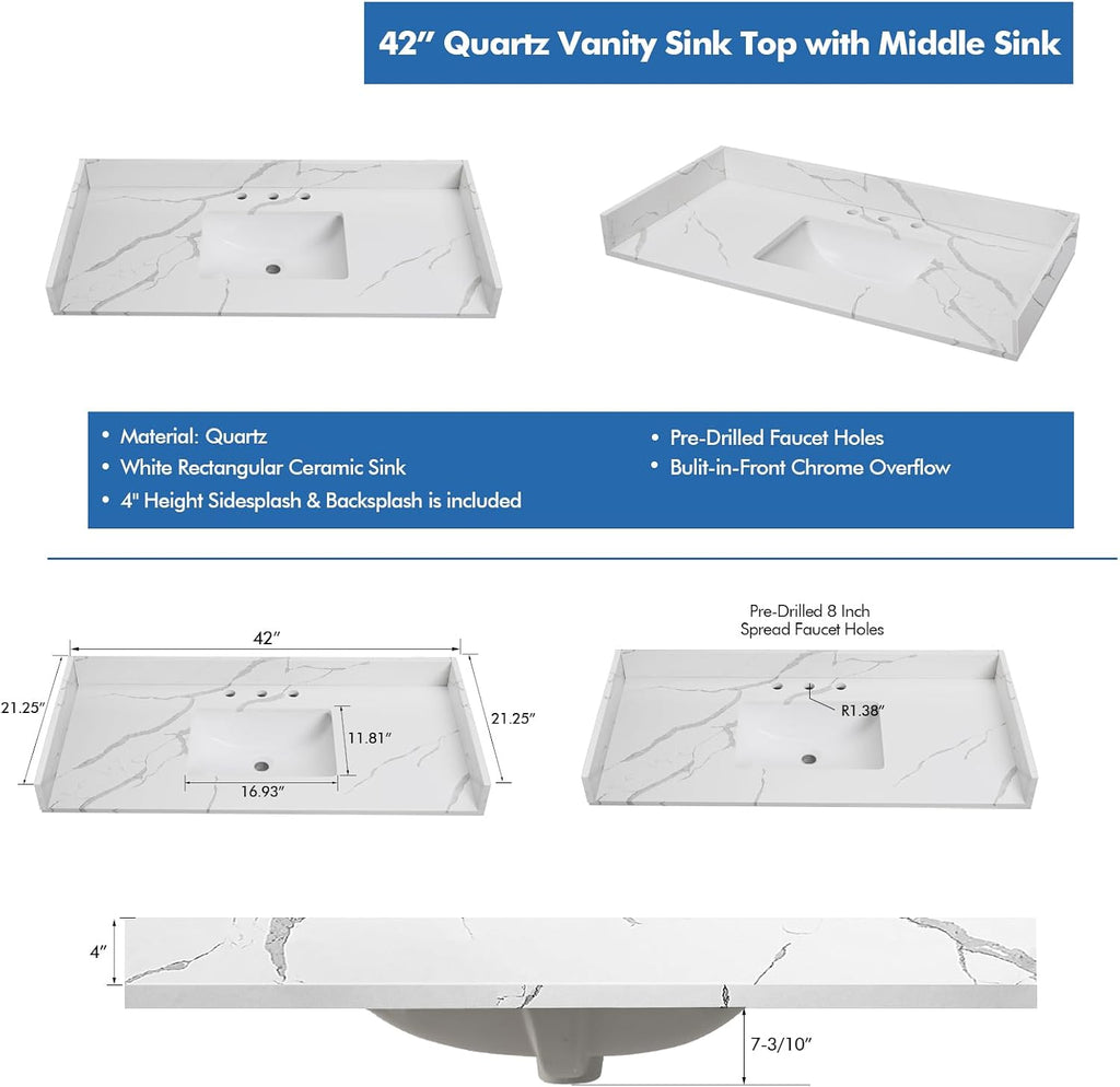42 in.W x 22 in.D Quartz Calacatta River Vanity Top,with Undermount Middle Sink Vanity Top,with Two Sidesplash & One Backsplash,8 Inch Faucet Hole Spread Bathroom Vanity Sink Countertop