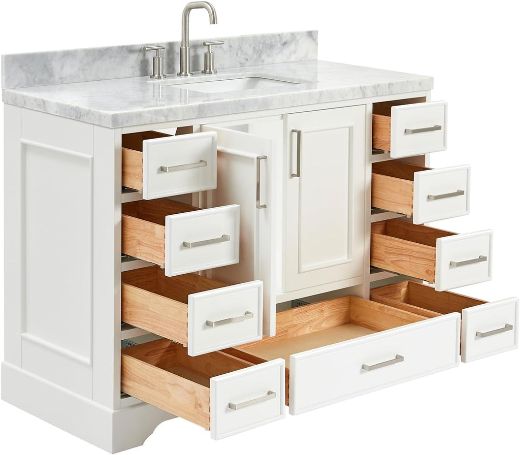 ARIEL Stafford 48-inch Bathroom Vanity with Sink,Solid Wood, 1.5-inch Italian Carrara Marble Countertop, Single Rectangular Porcelain Sink, 2 Soft Closing Doors, 9 Dovetail Drawers, White