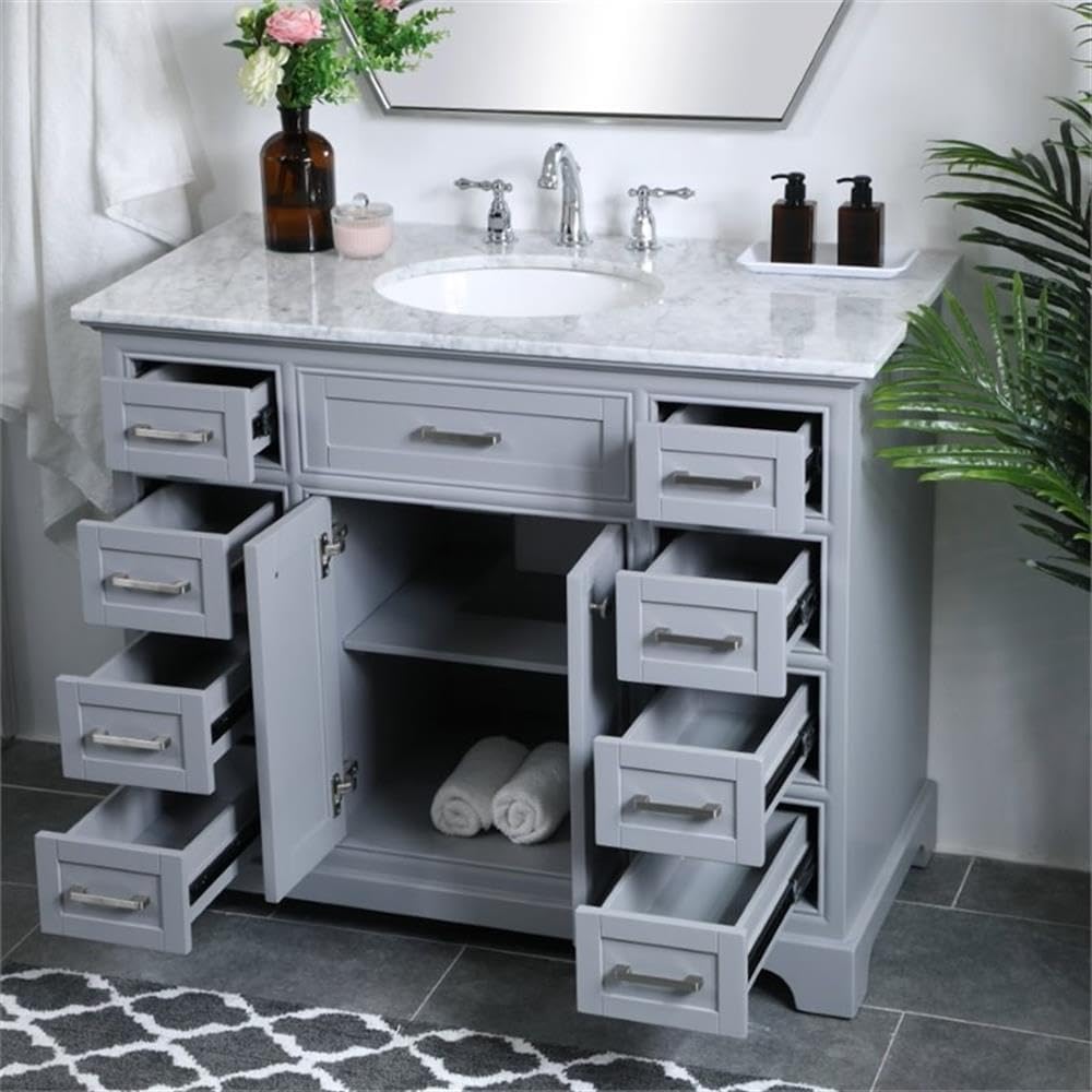 Pemberly Row 42' Single Bathroom Vanity, Solid Wood Base, Light Gray Finish, Carrara Marble Top, Undermount Porcelain Sink, 8 Drawers, 2 Door Cabinet, Free-Standing Design, Contemporary Style for