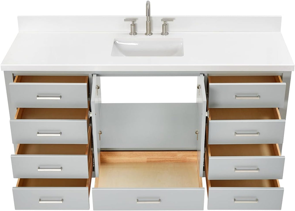 ARIEL Cambridge 66-inch Bathroom Vanity with Sink,Solid Wood, 1.5-inch Pure White Quartz Countertop & Backsplash, Single Rectangular Porcelain Sink, 2 Soft Closing Doors, 9 Dovetail Drawers, Grey