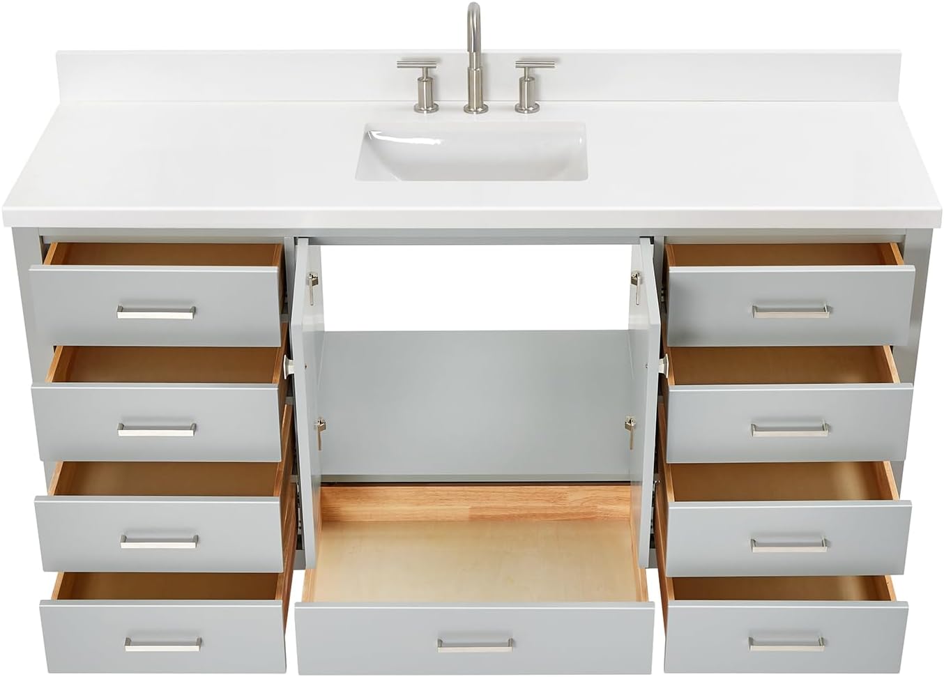 ARIEL Cambridge 66-inch Bathroom Vanity with Sink,Solid Wood, 1.5-inch Pure White Quartz Countertop & Backsplash, Single Rectangular Porcelain Sink, 2 Soft Closing Doors, 9 Dovetail Drawers, Grey
