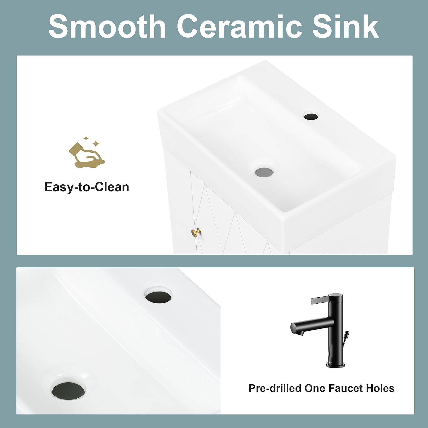 20' Floationg Wall-Mounted Bathroom Vanity with Ceramic Sink, Adjustable Shelf, Toilet Paper Holder, Modern Style, Door with Diamond Design, White